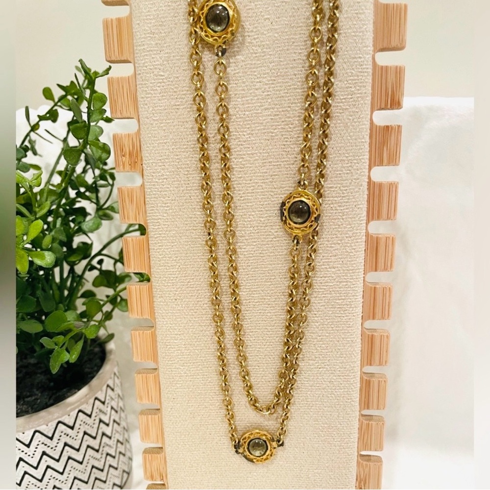 🆓 Vintage Celebrity Grey Bezel Set Glass Gold Tone Necklace | 39” | GUC